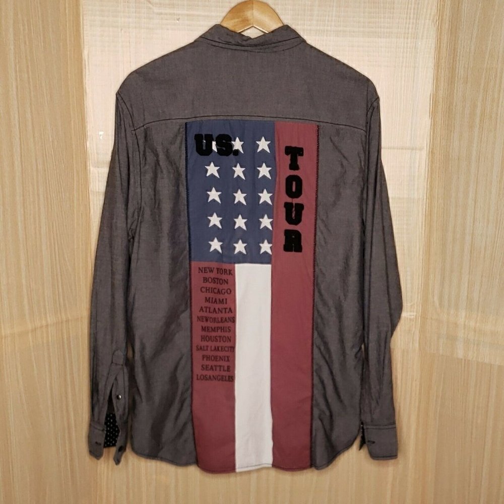 Authentic Icon Mens Grey American Flag Casual Button Down Large